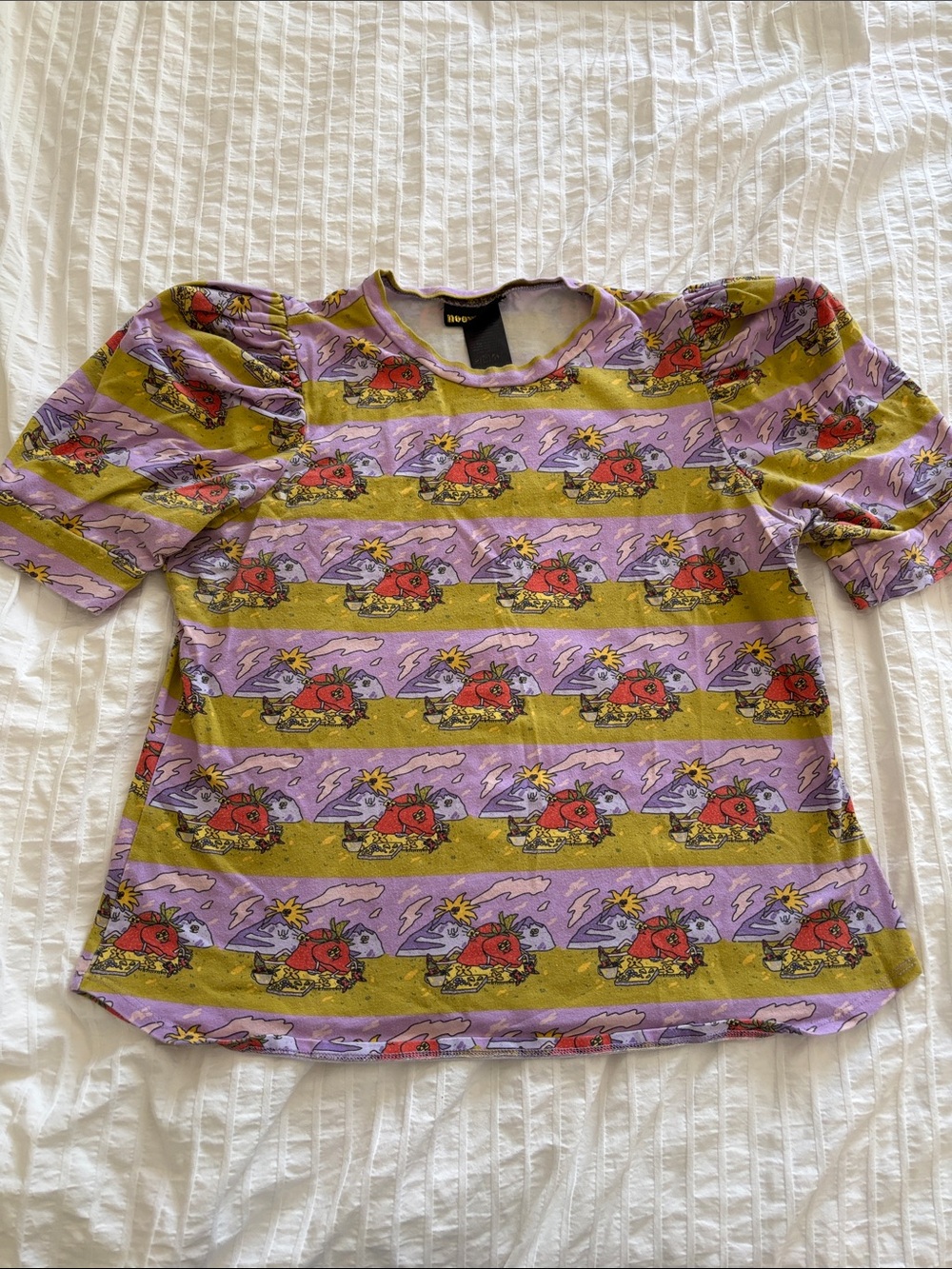 Nooworks strawberry Puff Sleeve Top in Lavender and Olive with Red Accents